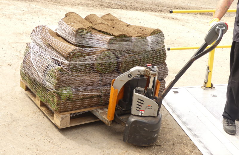 Stack of garden turf ready for loading